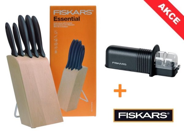 FISKARS Dárková sada nožů v bloku 5 ks 1023782 Essential + Brousek FF 857000