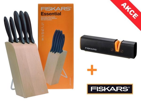 FISKARS Dárková sada nožů v bloku 5 ks 1023782 Essential + Brousek EDGE 978700